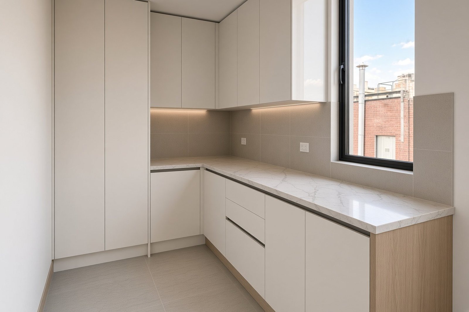Mueble de lavandería a medida en blanco y madera para un departamento en Quito